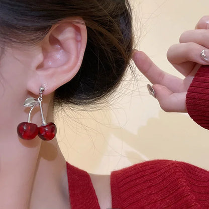 sengpan New Sweet Summer Red Transparent Cherry Fruit Fashion Long Ear Nail Earrings Fashion Black Anime Earring for Women Party Jewelry