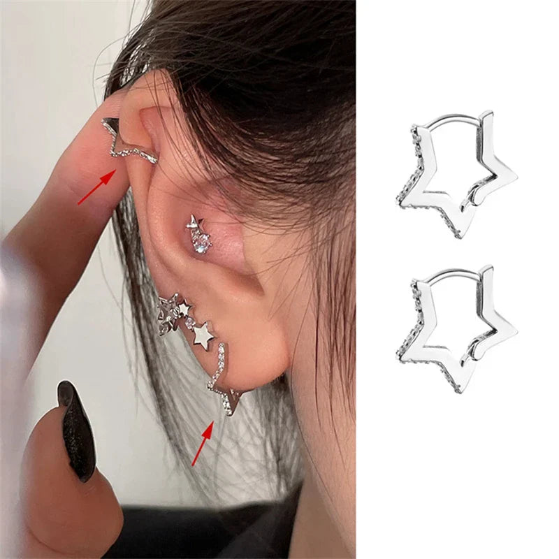 sengpan New Trendy Star Zirconi Screw Back Stud Earrings for Women Girls Stainless Steel Punk Gothic Cartilage Helix Ear Piercing