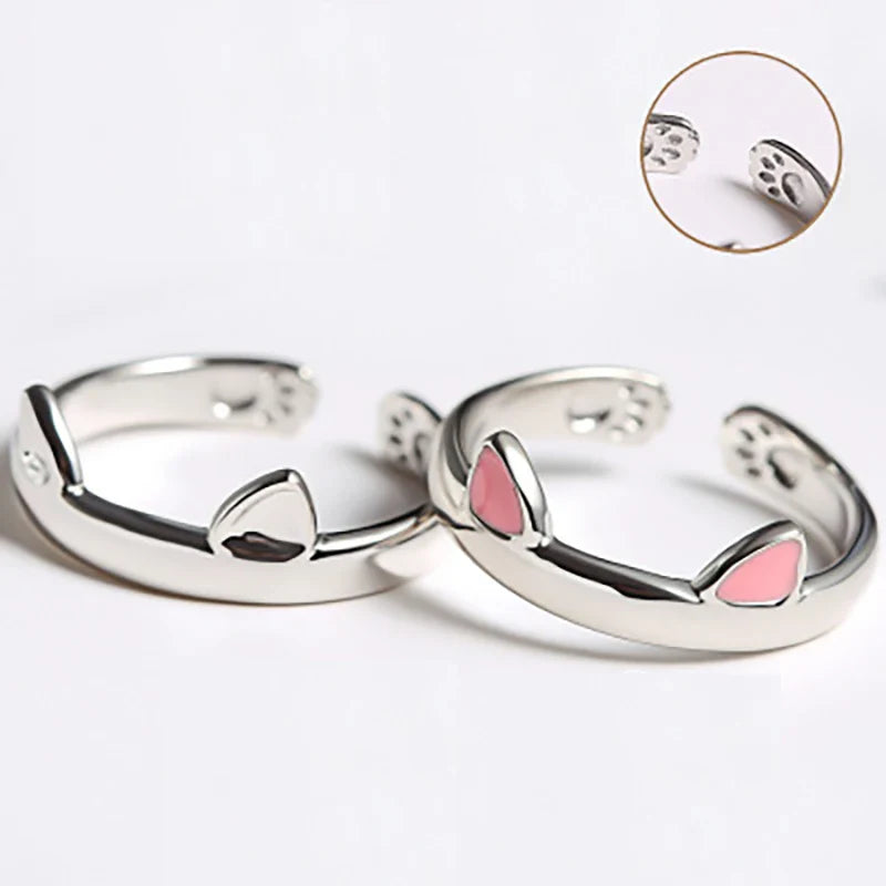 sengpan Cat Ear Finger Rings Open Cute Footprints Ring For Women Girl Pearl Hollow Geometric Gift Adjustable Fine Jewelry Accessories