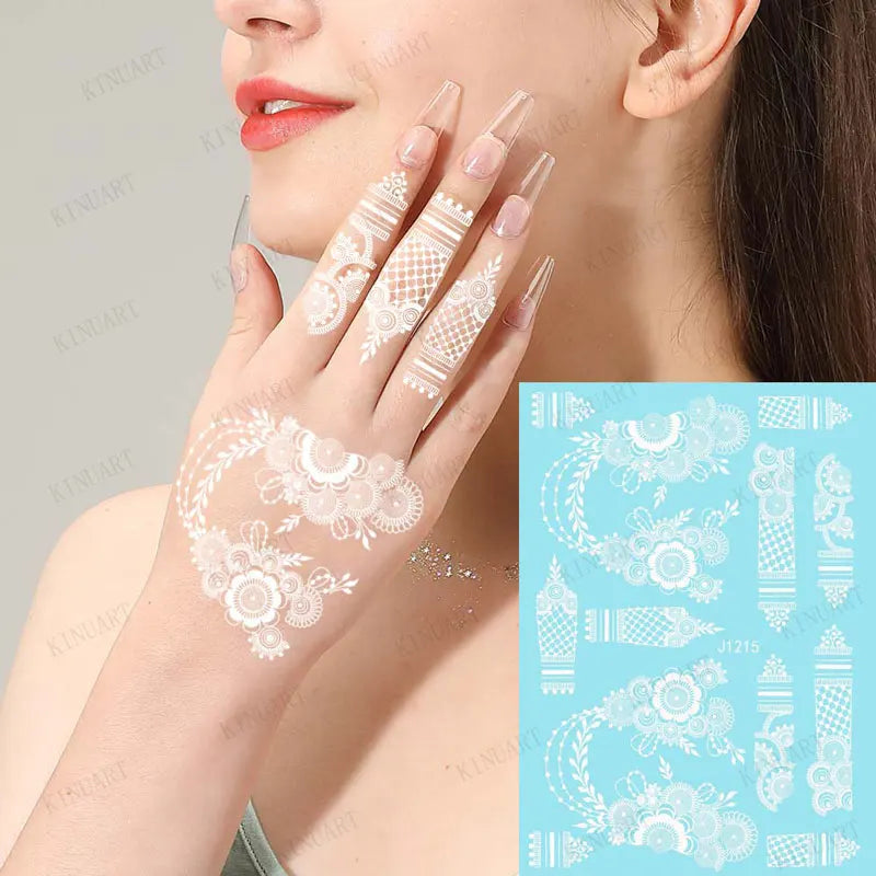 sengpan White Henna Tattoo Stickers for Hand Waterproof Temporary Tattoos for Women Body Art Mehndi Sticker Wedding Tattoo Hena