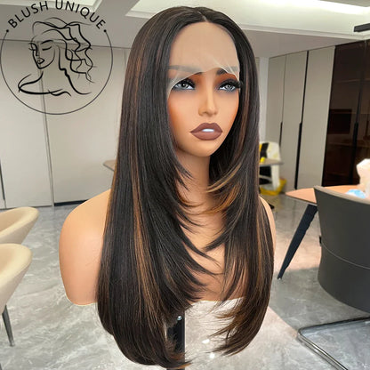 sengpan Reddish Brown Straight Lace Front Wigs Layered Cut Wig Glueless Layered Lace Wigs Synthetic Butterfly Haircut Natural Hairline