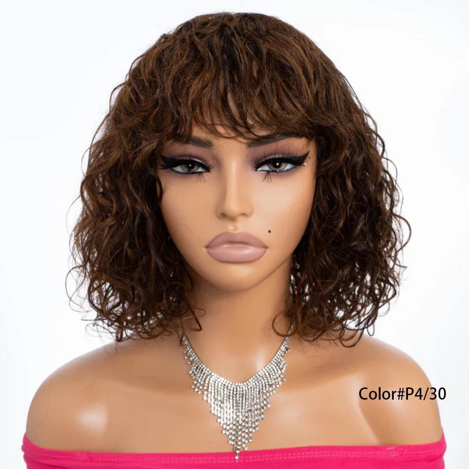 sengpan Brown Short Wavy Bob Wigs With Bangs Human Hair Glueless Natural Loose Curly Wig Brazilian Hair For Black Women