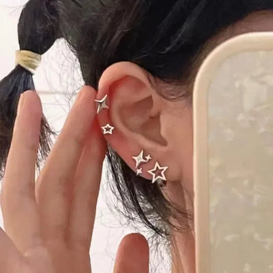 sengpan Trend Silver Color Lucky Star Earring for Women Cute Star Pentagram Stud Earrings Fashion Accessories Aesthetic Jewelry