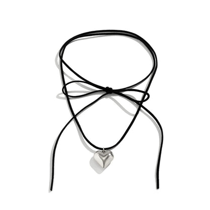 sengpan Elegant Goth Love Heart Pendant Necklace for Women Collares Wed Bridal Knotted Bowknot Adjustable Chain Y2K Jewelry New