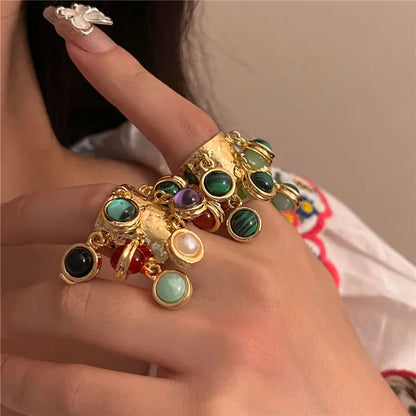 sengpan Vintage Natural Stone Malachite Glass Multi-pendant High-grade Fringe Open Ring Women's Wedding Party Jewelry