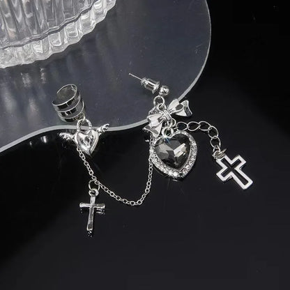 sengpan Punk Vintage Metal Cross Chain Black Crystal Heart Earrings Women Personalized Hip Hop One Piece Ear Bone Clips Party Jewelry