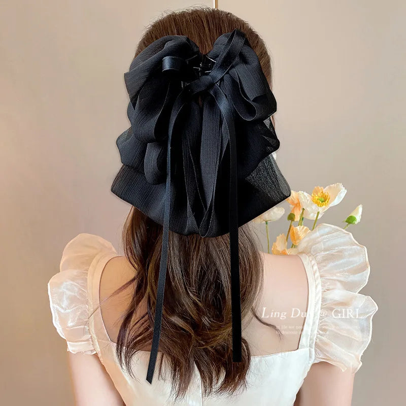 sengpan New Bow Floating Ribbon Grip Clip Girls Elegant Ponytail Braid Claw Clip Retro Luxury Female Hair Card Hair Accessories