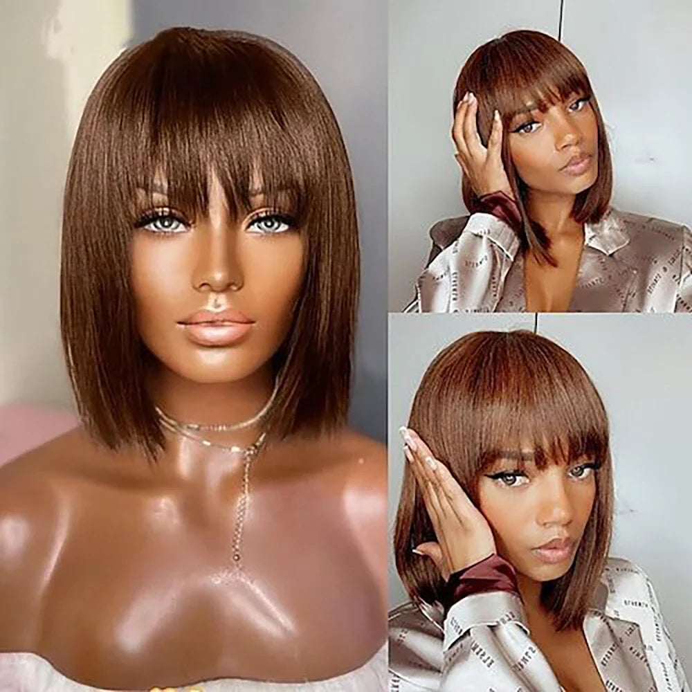 sengpan Straight Human Hair Bob Wigs with Bangs Remy Full Machine Made for Women Hightlight Burgundy Brown Colored BOB Wig