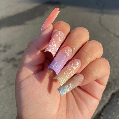 Lianfudai current nail trends 2023  24Pcs Long Ballet False Nails with Colorful Flower Designs Wearable French Fake Nails Coffin Full Cover Nails Set Press On