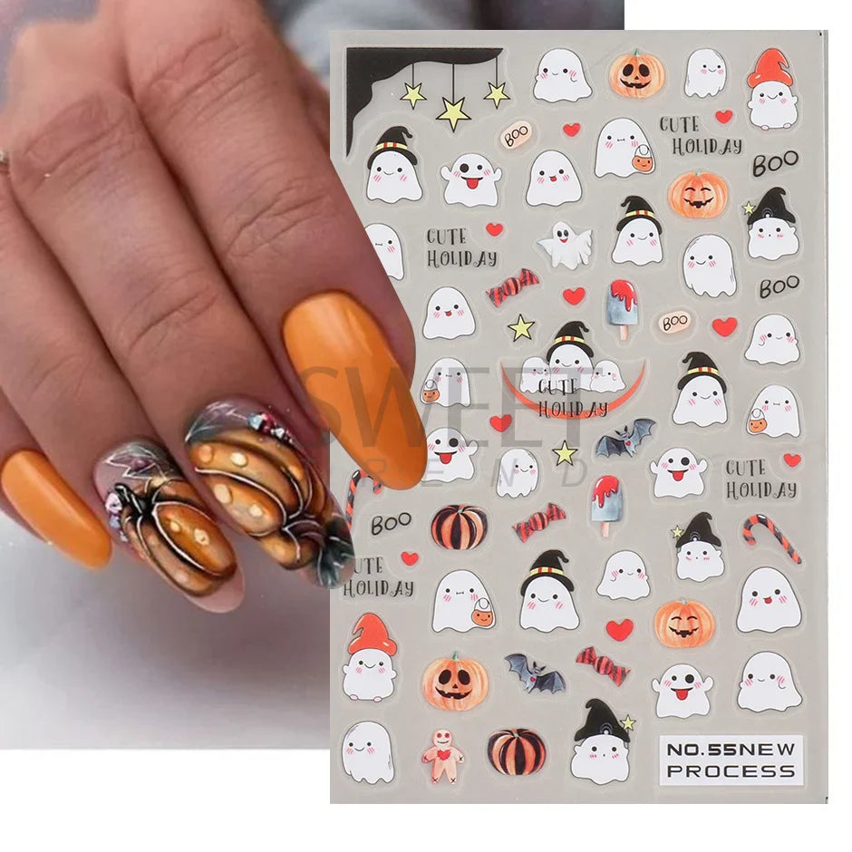 sengpan Halloween 3D Heart Web Nail Sticker Cute Holiday Cartoon Design Spider Pumpkin Ghost  Sliders for Nails Manicure Decor SANO53