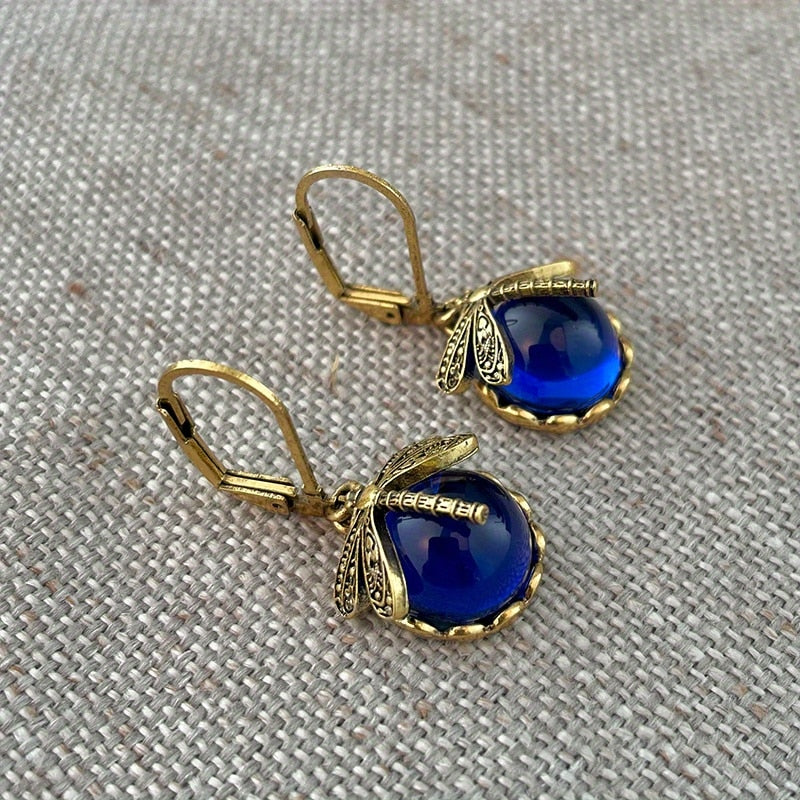 sengpan Vintage Metal Dragonfly Earrings Inky Blue Moonstone Brass Glass Cabochon Vintage Victorian Gifts for Women