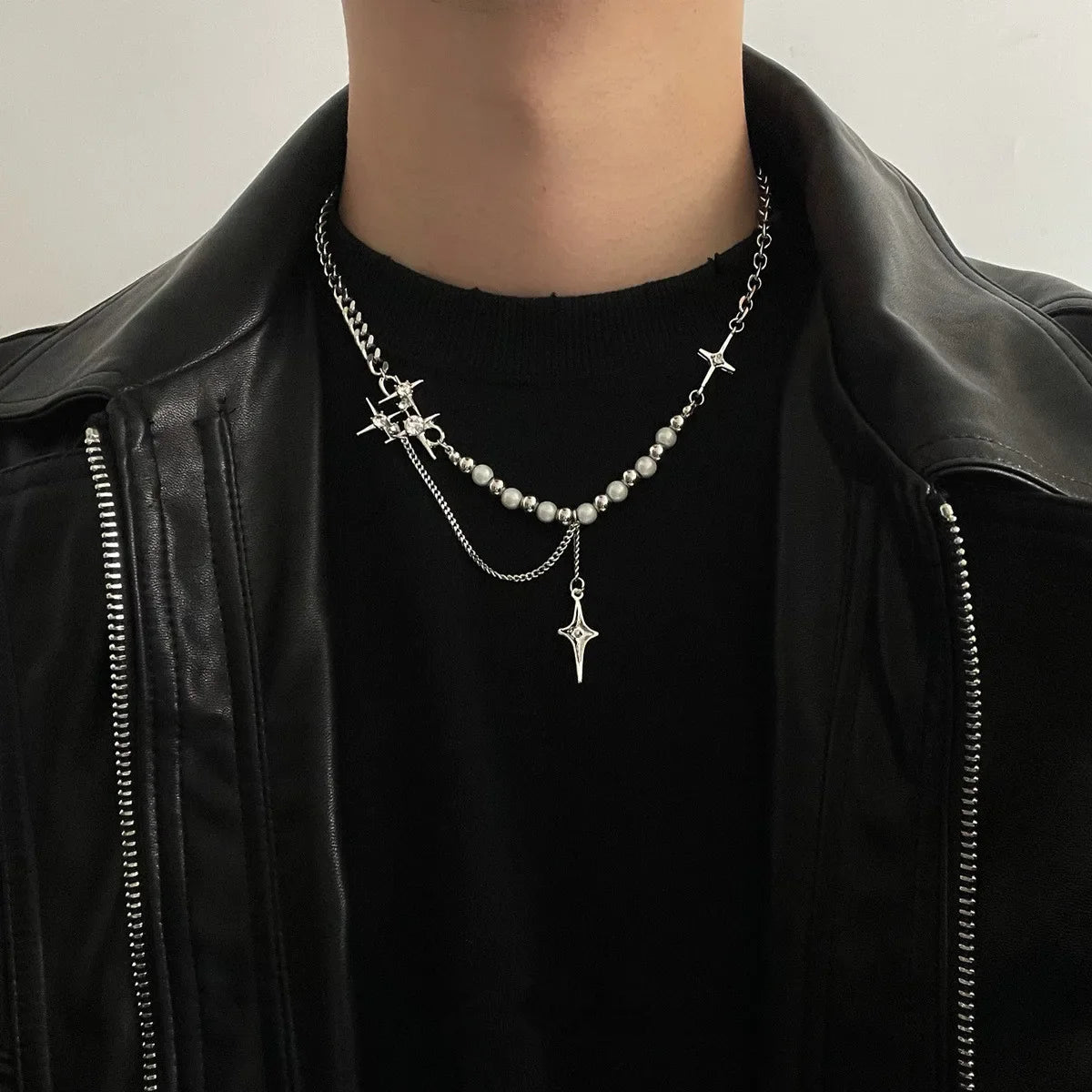 sengpan Punk Cross Star Natural Stone Beaded Necklace Goth Cross Chain Necklace Kpop Pendant Necklaces for Women Party Jewelry