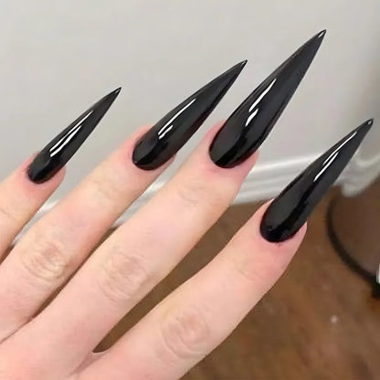 sengpan 24Pcs Black Y2k Fake Nails with Diamond Halloween Long Almond False Nail Butterfly Design Wearable Oval Press on Nails Tips