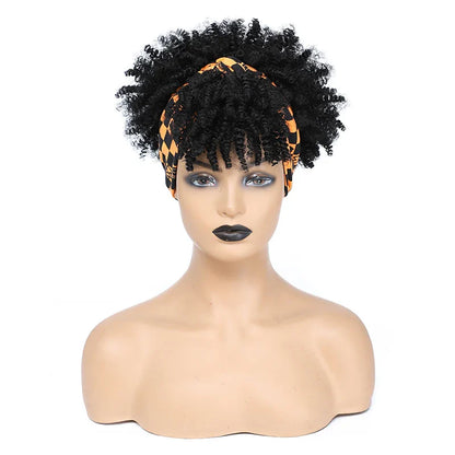 sengpan Short Kinky Curly Headband Wigs  Afro Puff Curly Headband Wig For Women Natural Synthetic Turban Wrap Wig  Cosplay Daily Use