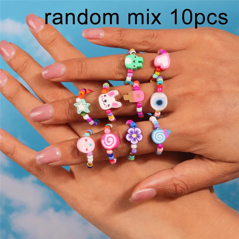 sengpan Korean Colorful Small Flower Ring Sets Bohemia Handmade Multi Beaded Rice Beads Finger Ring For Women Beach Jewelry Gifts