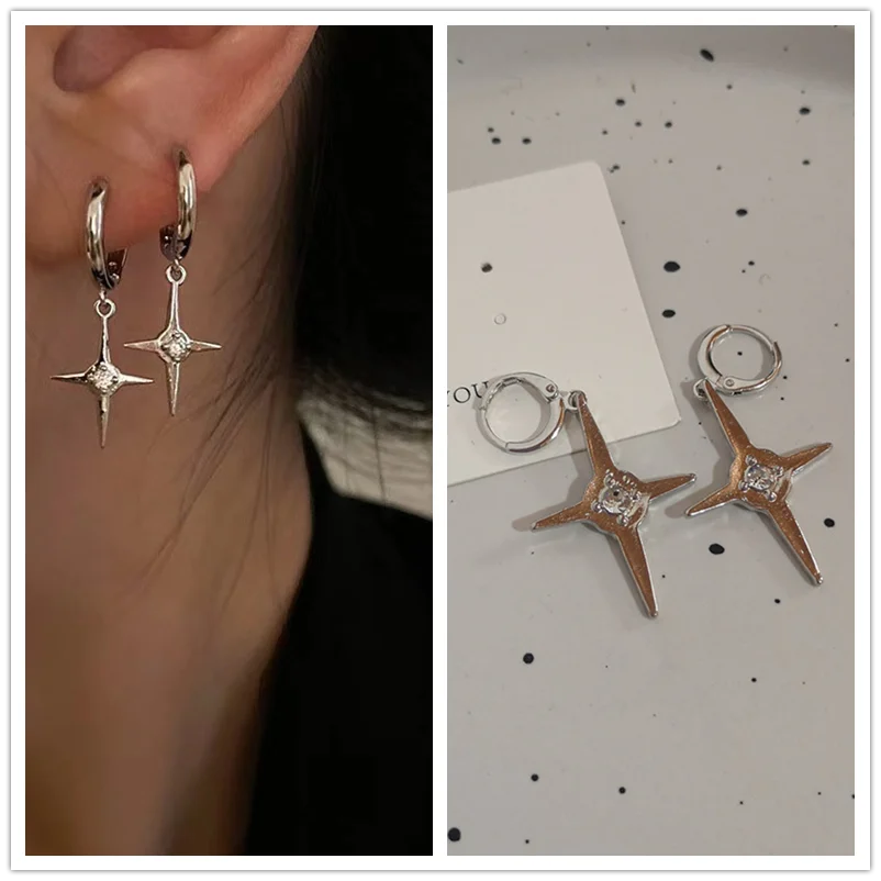 sengpan Korea Simple Black Star Pentagram Crystal Earrings Hip Hop Y2K Wholesale Jewelry Trends Trending