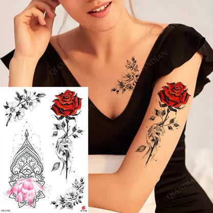 sengpan Black Flower Rose Waterproof Temporary Bird Snake Sexy Body Arm Leg Gem Henna Tattoo Fashion Big Fake Sleeve Sticker