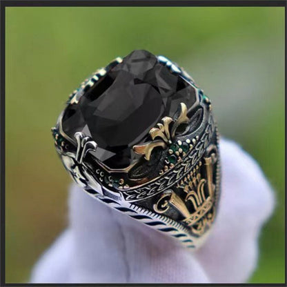 sengpan Retro Handmade Turkish Signet Rings for Men Ancient Silver Color Carved Ring Mystic Zircon Inlay New Punk Motor Biker Ring