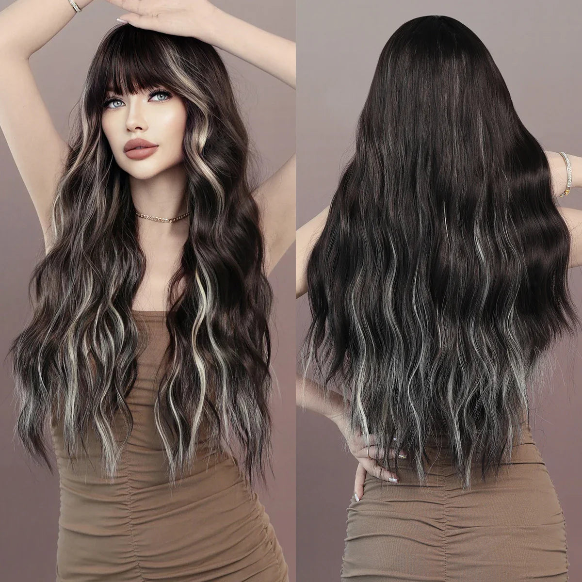 sengpan WIGS Long Body Wavy Silver Ash Hair Wig with Bangs for Women Daily Party High Density Hair Ombre Wigs Heat Resistant Fiber