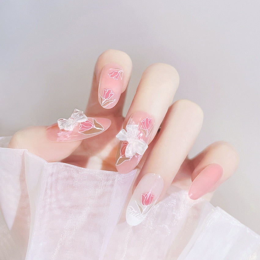 sengpan 24P Nail Art Fake Nails Japanese Ballerina Press on Nails Set Diamond Streamer Flash Fly Butterfly Seamless Removable False Nail