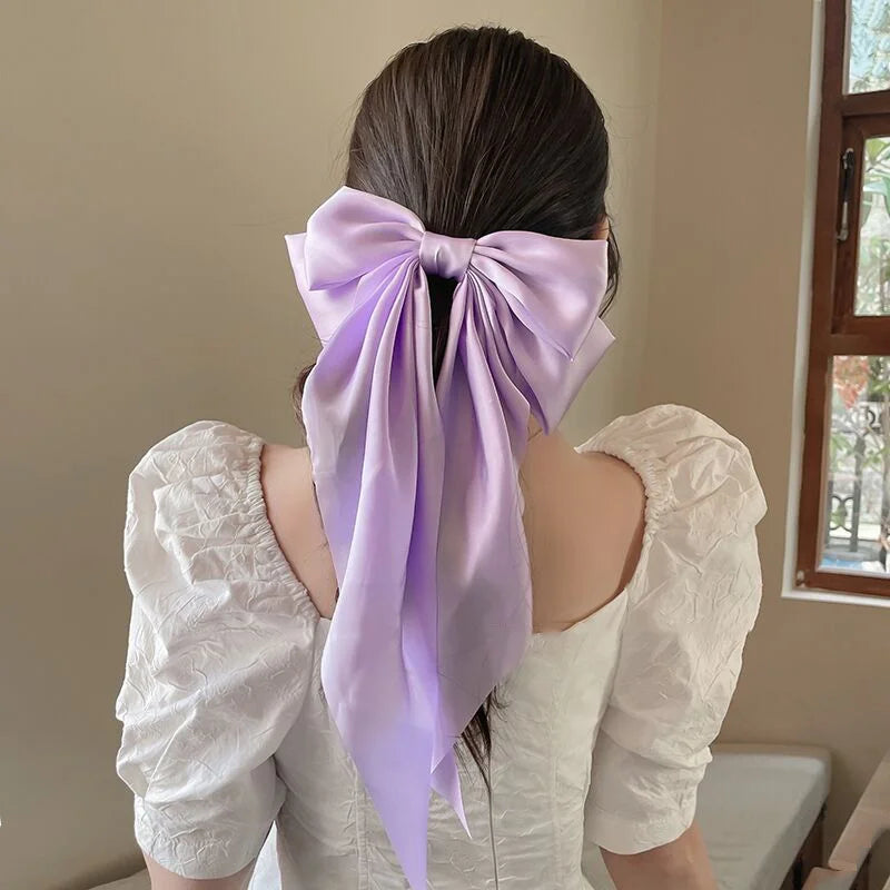 sengpan Chiffon Bow Hair Clip Women Large Bowknot Stain Hairpin Barrettes Girls Solid Color Ponytail Clip Hair Accessories Headwear Gift