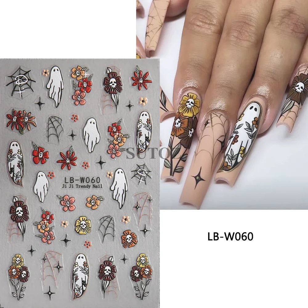 sengpan 5D Ghost Halloween Nail Art Stickers Cartoon Pumpkins Skulls Flowers Nail Decals Y2K Halloween Self-Adhesive Manicure Deco JI-5D