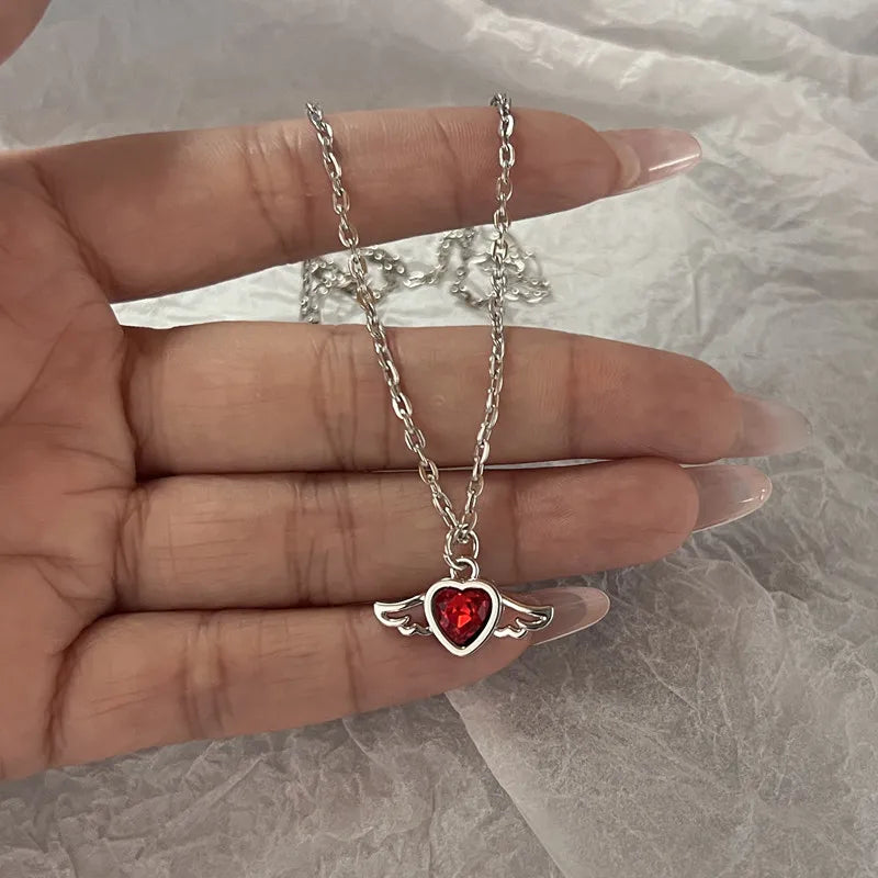 sengpan Simple Red Glass Cross Cherry Strawberry Heart Pendant Necklace for Women Stainless Steel Jewelry Accessories