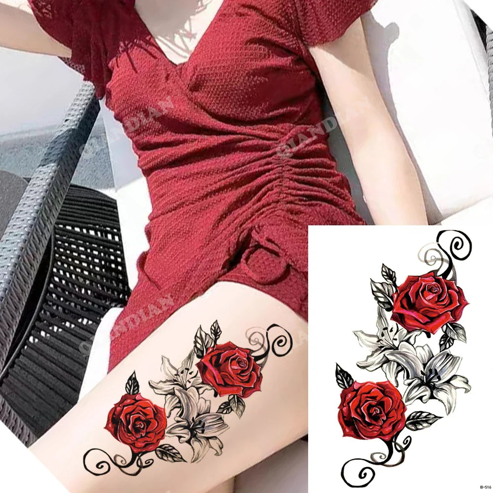 sengpan Black Flower Rose Waterproof Temporary Bird Snake Sexy Body Arm Leg Gem Henna Tattoo Fashion Big Fake Sleeve Sticker