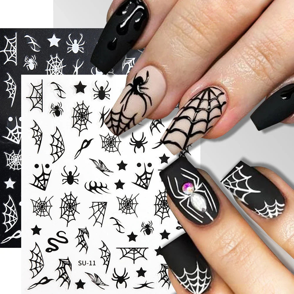 sengpan Spider Nail Sticker Halloween Decoration Snake Skull Design Evil Pumpkin Bat Nail Slider Witch Star Charm Manicure Decal LEBSO10