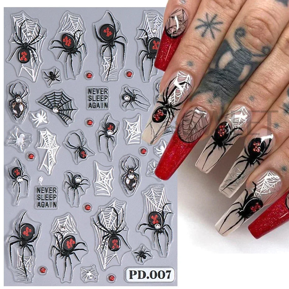 sengpan 5D Embossed Clown Nail Sticker With Crystal Rhinestone Glitter Daisy Heart Petals French Slider Spider Halloween Nail Decoration