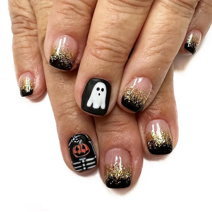 sengpan 24pcs Cute Ghost&Pumpkin Halloween Press-On Nails-Glossy Short Square Fake Nails with Festive Designs False Nail for Women/Girls