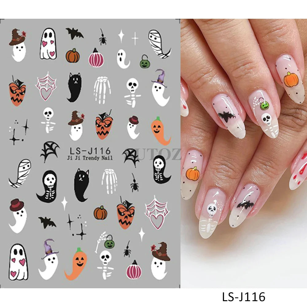 sengpan 5D Embossed Ghost Nail Art Stickers Halloween Cartoon Pumpkin Skull Nail Decals Spider Web Daisy Sliders For Manicure NTJI-5D131