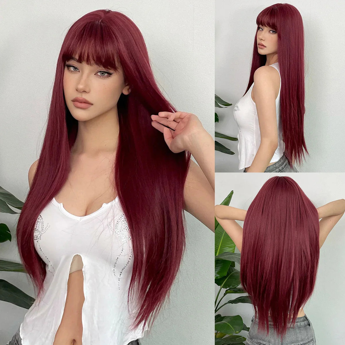 sengpan Ombre Synthetic Straight Cosplay Women Hair Platinum Blonde to Black Hair Long Layered Natural Wigs with Bangs for White Women