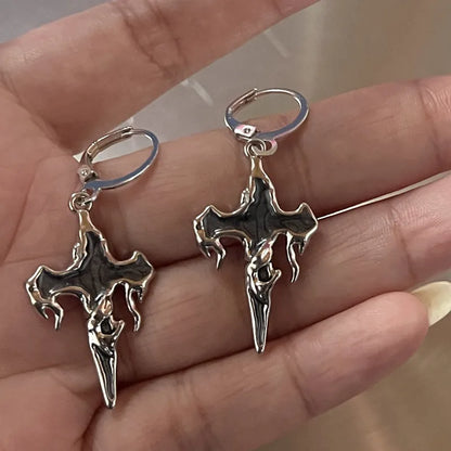 sengpan Gothic Punk Earrings Steampunk Black Cross Metal Red Rhinestone Ear Pendant For Women Girl Ear Drop