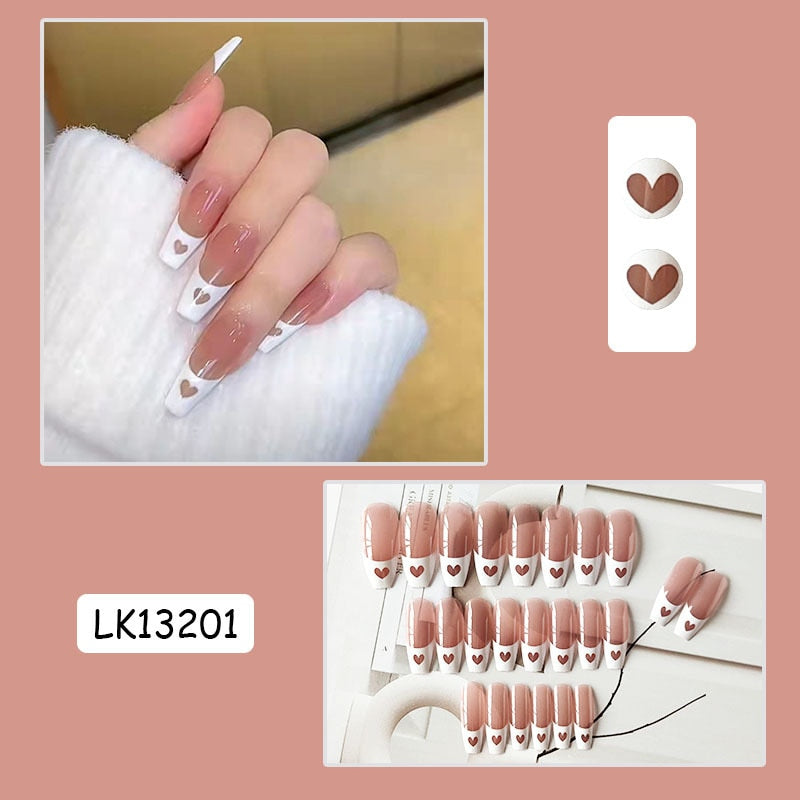 sengpan 24p Artifical Fake Nails Full Coverage False Nails White Clouds French Long Wearing Reusable Nail Coffin Ballerina Press on Nail