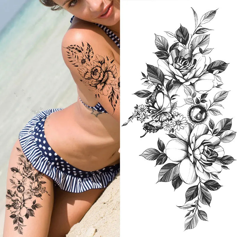 sengpan Waterproof Temporary Tattoo Stickers for Women Black Sexy Rose Butterfly Flowers Body Art Tattoo Arm Legs Sleeve Fake Tattoos