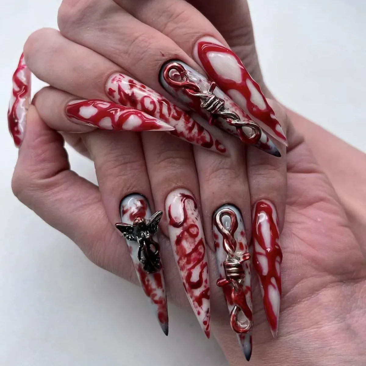 sengpan y2k Nails Five-pointed Star Pattern False Nails Halloween Style Long Coffin Ballet Press on Nails For Girl Full Cover Wearable