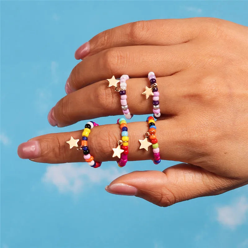 sengpan Korean Colorful Small Flower Ring Sets Bohemia Handmade Multi Beaded Rice Beads Finger Ring For Women Beach Jewelry Gifts