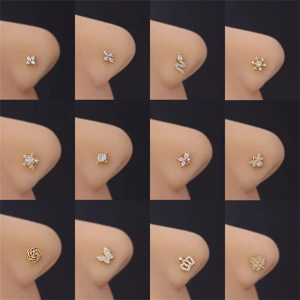 Lianfudai New Fashion Unisex Zircon Punk Style Nose Nail Titanium Steel L Shaped Nose Studs Piercing Jewelry