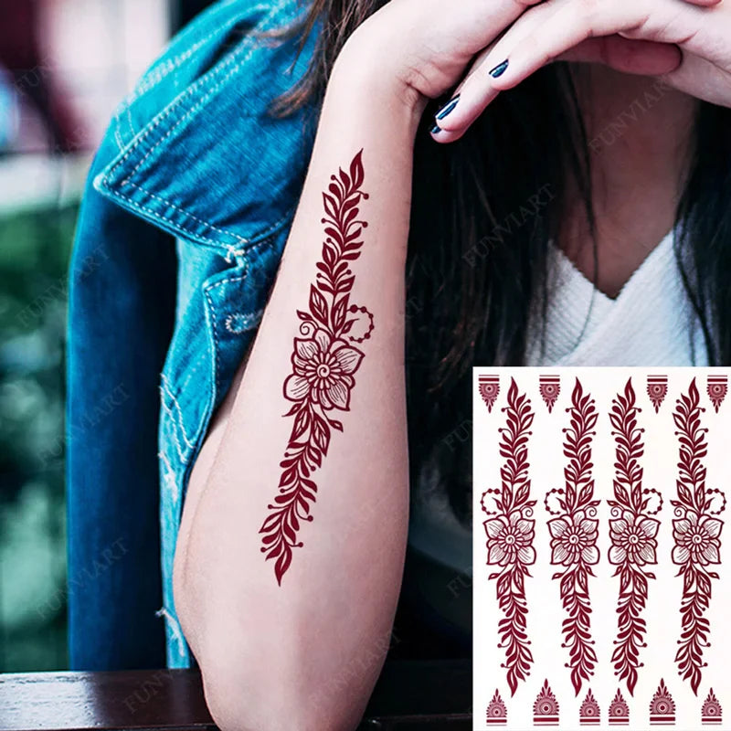 sengpan Brown Henna Tattoo Stickers for Foot Hand Flower Fake Tattoo for Women Waterproof Temporary Tattoos for Wedding Party Festival