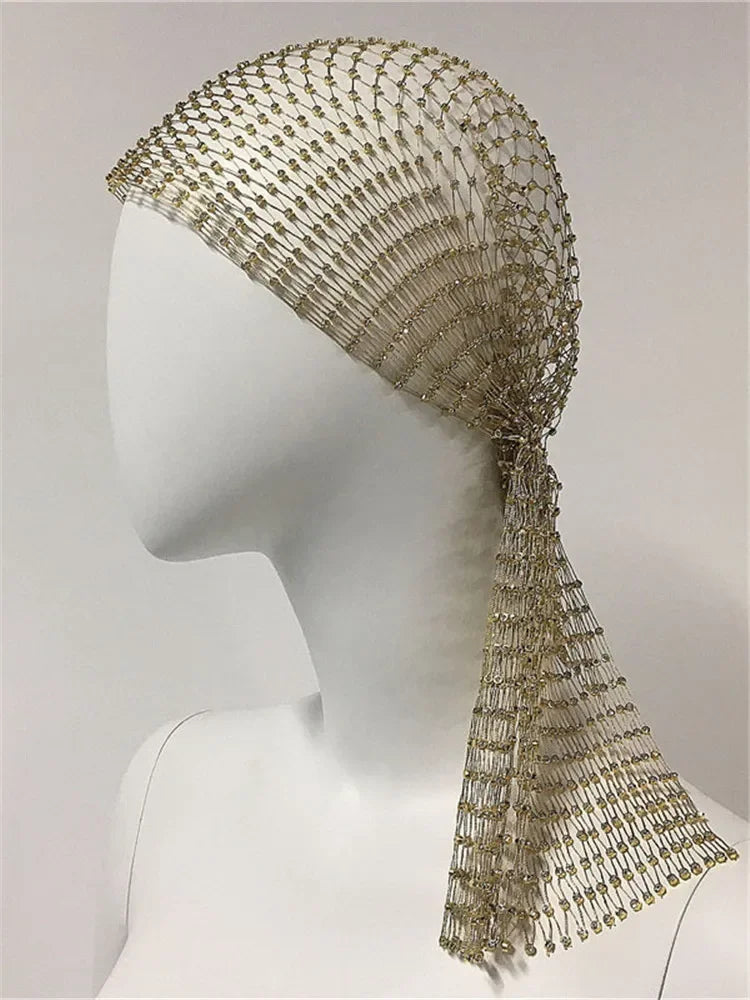 sengpan New Fashion Women Bling Rhinestone Bandanas Turban Hat Headband Crystal Mesh Cap Hair Snood Nets Headpiece Headwear Accessorie