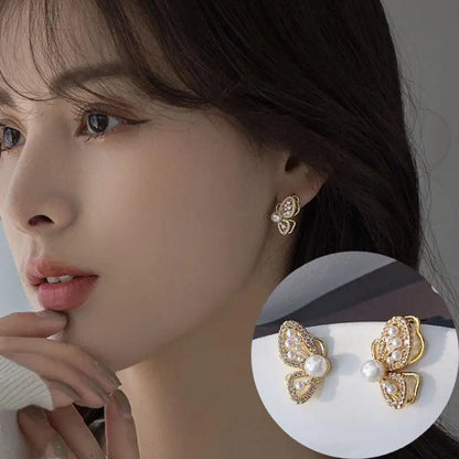 sengpan Korean Vintage Pearl Crystal Earrings For Women Jewelry High-class Luxury Zircon Flower Butterfly Leaf Women's Stud Earrings