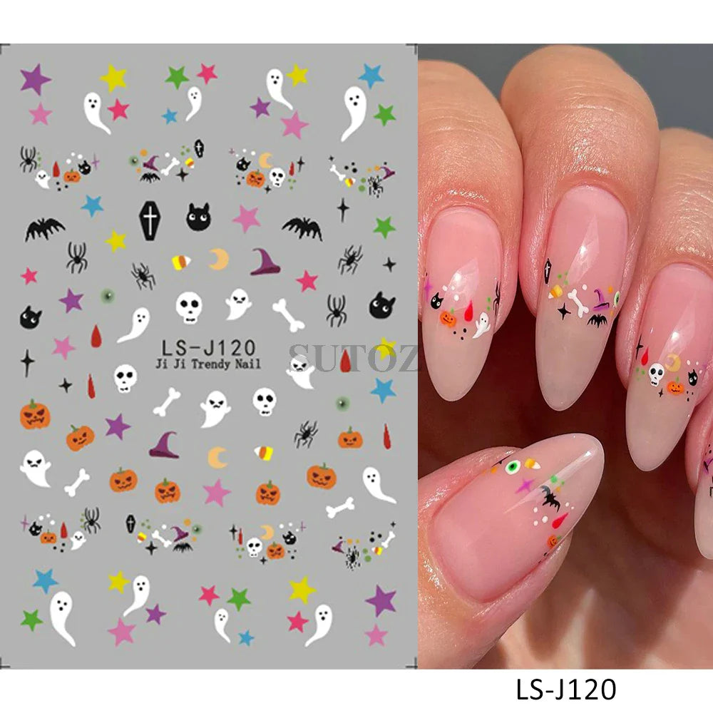 sengpan 5D Embossed Halloween Nail Stickers Skull Chams Spooky Flower Ghost Nail Decals Spider Web Skeleton Sliders for Manicure NTJI-5D