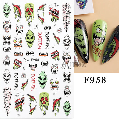 sengpan 3D Halloween Nail Art Stickers Horror Ghost Skull Evil Eye Anime Decals Bloody Rose Sticker for Nail Manicure Decoration LEBF956