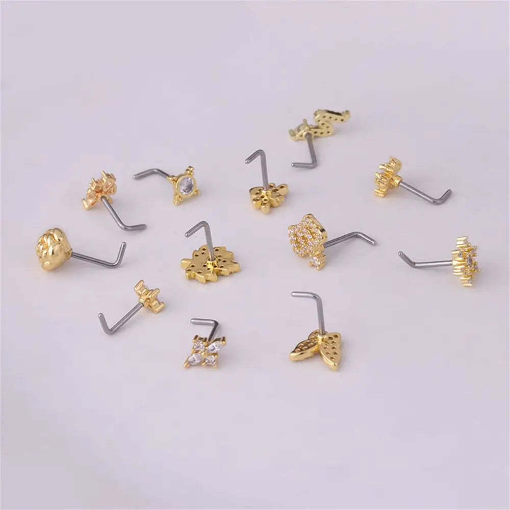 Lianfudai New Fashion Unisex Zircon Punk Style Nose Nail Titanium Steel L Shaped Nose Studs Piercing Jewelry