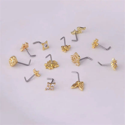 Lianfudai New Fashion Unisex Zircon Punk Style Nose Nail Titanium Steel L Shaped Nose Studs Piercing Jewelry