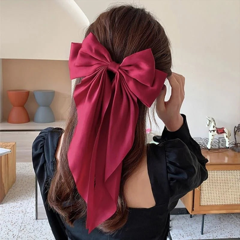 sengpan Chiffon Bow Hair Clip Women Large Bowknot Stain Hairpin Barrettes Girls Solid Color Ponytail Clip Hair Accessories Headwear Gift