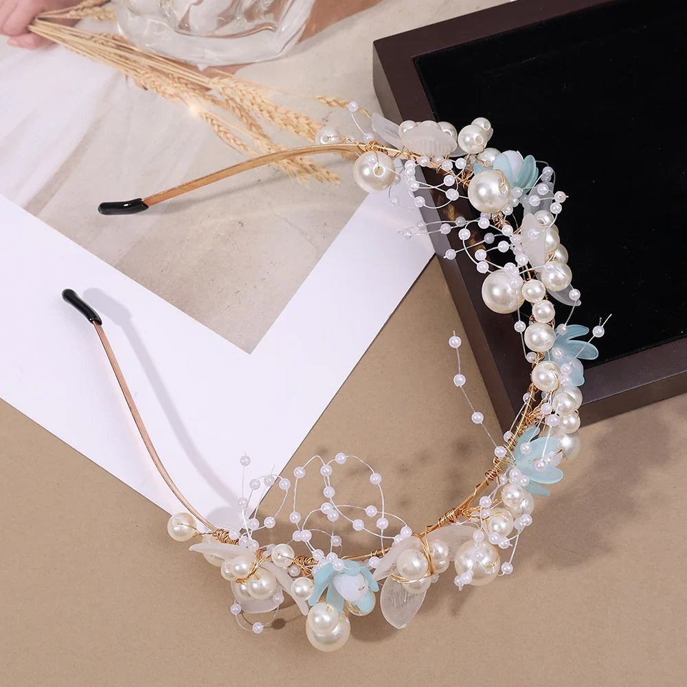 sengpan Pearl Butterfly Floral Headband Hair Hoop Sweet Cute Girl Headwear Accessories Simulated Flowers Wedding Bride Hairside Katyusha