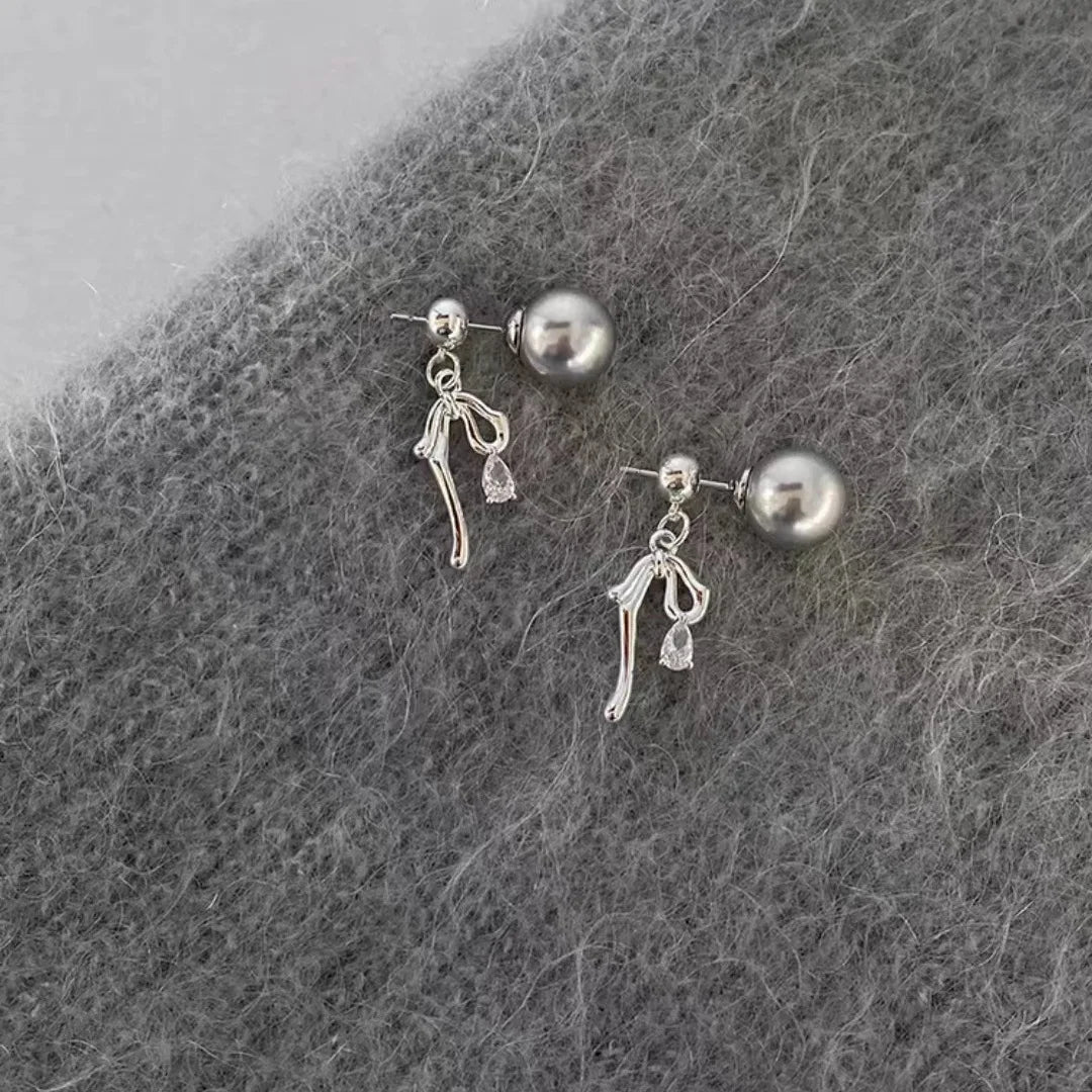 sengpan Sweet Metal Tie Bow Earrings Women Punk Girls Gothic Ear Studs Tassel Cool Earring Silver Color Pearl Long Dangle Jewelry