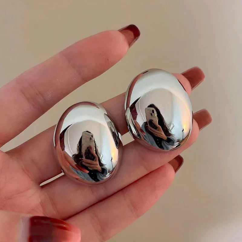 sengpan Punk Fashion Metal Smooth Big Oval Stud Earrings for Women Exaggerated Hollow Ball Geometric Drop Earring Jewelry Gift